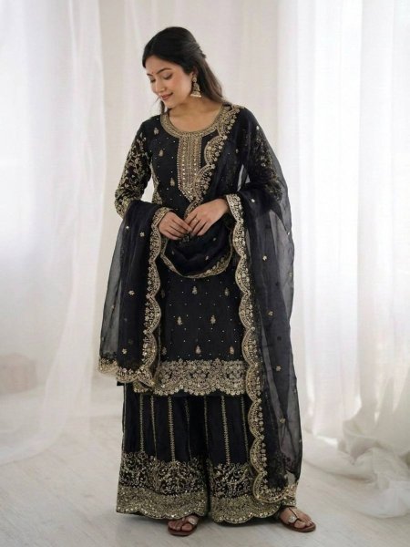 Dynamic Black Heavy Work Silk Suit Set for Bridal and Festive Look 