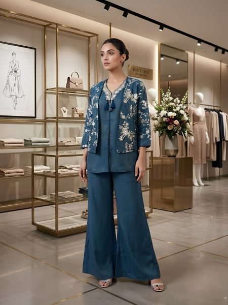 Dynamic Blue Designer Partywear Cosmos Co-ord Set with Embroidered Top and Palazzo Kurtis