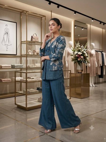 Dynamic Blue Designer Partywear Cosmos Co-ord Set with Embroidered Top and Palazzo CO ORD Sets