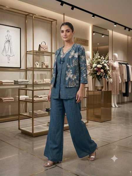 Dynamic Blue Designer Partywear Cosmos Co-ord Set with Embroidered Top and Palazzo CO ORD Sets
