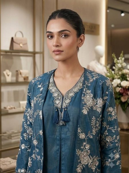 Dynamic Blue Designer Partywear Cosmos Co-ord Set with Embroidered Top and Palazzo CO ORD Sets
