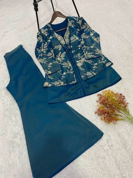 Dynamic Blue Designer Partywear Cosmos Co-ord Set with Embroidered Top and Palazzo CO ORD Sets