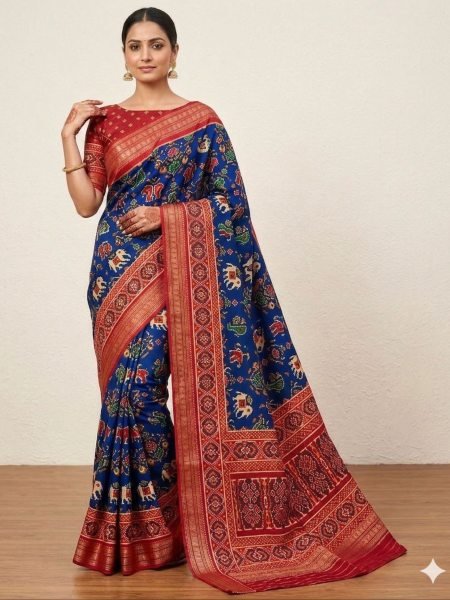 Dynamic Blue Handloom Silk Patola Saree with Rudraksh Zari Border for Festive Wear Patola Silk Sarees Wholesale