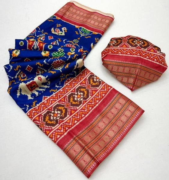 Dynamic Blue Handloom Silk Patola Saree with Rudraksh Zari Border for Festive Wear Patola Silk Sarees Wholesale
