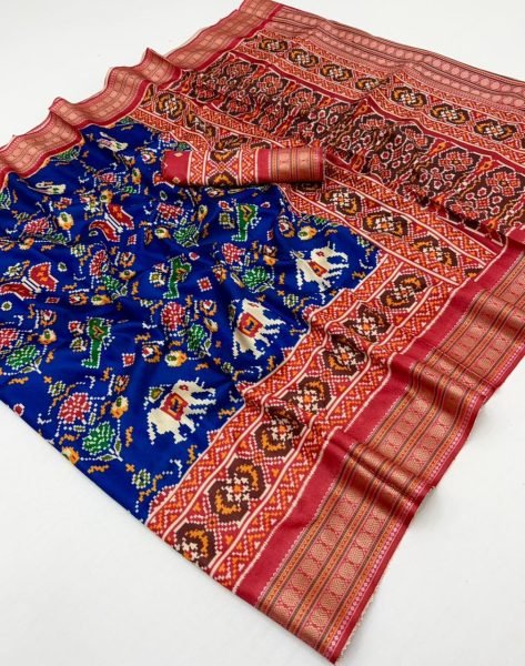 Dynamic Blue Handloom Silk Patola Saree with Rudraksh Zari Border for Festive Wear Patola Silk Sarees Wholesale