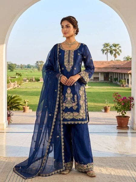 Dynamic Blue Heavy Embroidered Farshi Suit for Women Festive Collection Ready To Wear Collection
