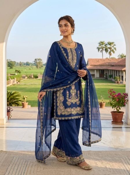 Dynamic Blue Heavy Embroidered Farshi Suit for Women Festive Collection Ready To Wear Collection