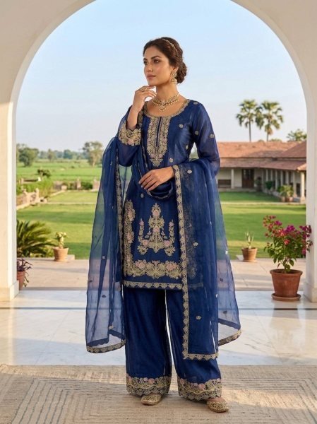 Dynamic Blue Heavy Embroidered Farshi Suit for Women Festive Collection Ready To Wear Collection