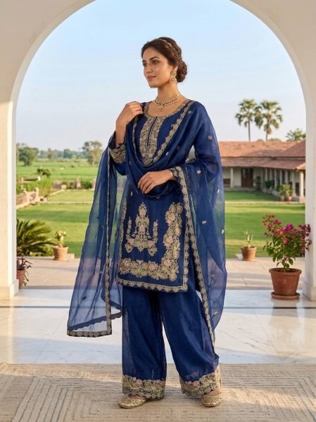Dynamic Blue Heavy Embroidered Farshi Suit for Women Festive Collection Ready To Wear Collection