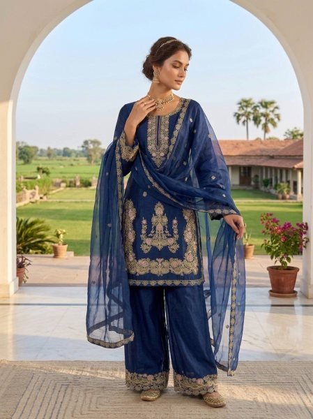 Dynamic Blue Heavy Embroidered Farshi Suit for Women Festive Collection Ready To Wear Collection