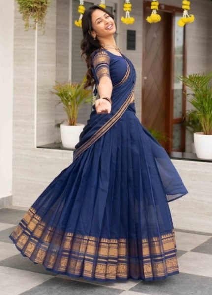 Dynamic Blue Kanchi Cotton Lehenga Choli with Zari Weaving and Georgette Dupatta Half Saree Lehenga