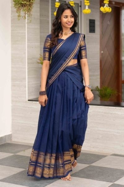 Dynamic Blue Kanchi Cotton Lehenga Choli with Zari Weaving and Georgette Dupatta Half Saree Lehenga