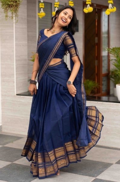 Dynamic Blue Kanchi Cotton Lehenga Choli with Zari Weaving and Georgette Dupatta Half Saree Lehenga