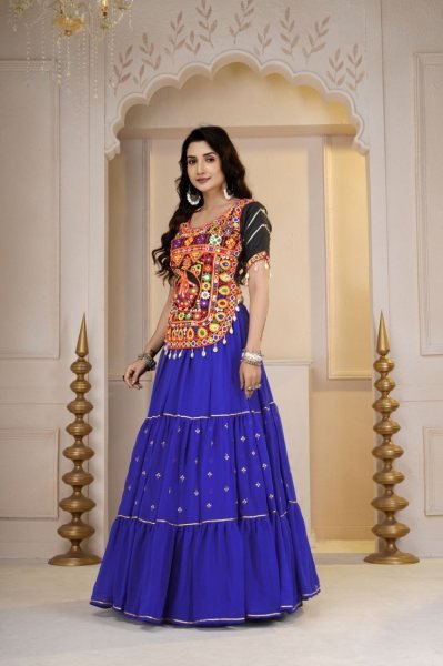 Dynamic Blue Navratri Cotton Gamthi Lehenga Choli with Original Mirror and Kodi Work Navratri Lehnega Choli