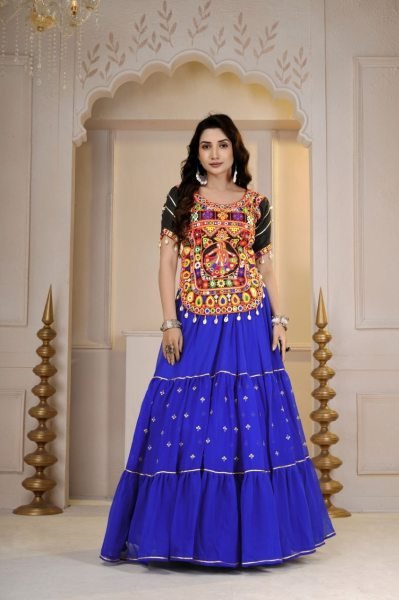 Dynamic Blue Navratri Cotton Gamthi Lehenga Choli with Original Mirror and Kodi Work Navratri Lehnega Choli
