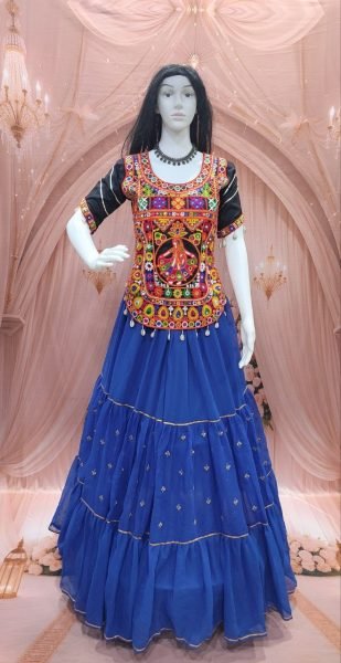 Dynamic Blue Navratri Cotton Gamthi Lehenga Choli with Original Mirror and Kodi Work Navratri Lehnega Choli