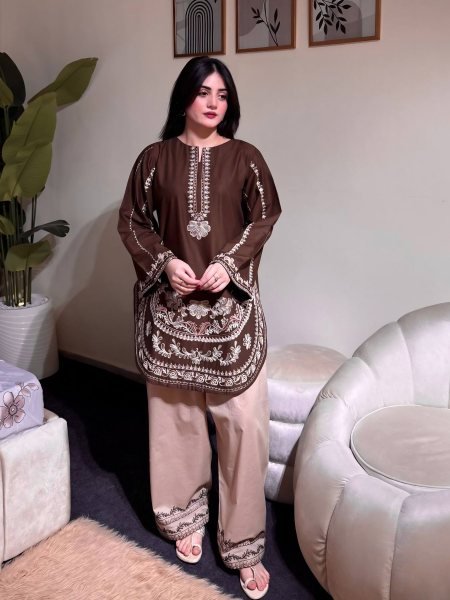 Dynamic Brown Roman Silk Farshi Suits Set With Palazzo At Direct Exporter Price Ready To Wear Suit