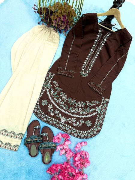 Dynamic Brown Roman Silk Farshi Suits Set With Palazzo At Direct Exporter Price Ready To Wear Collection