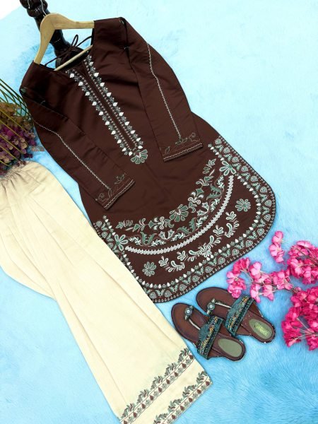 Dynamic Brown Roman Silk Farshi Suits Set With Palazzo At Direct Exporter Price Ready To Wear Collection