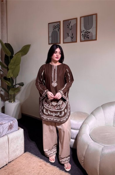 Dynamic Brown Roman Silk Farshi Suits Set With Palazzo At Direct Exporter Price Ready To Wear Collection