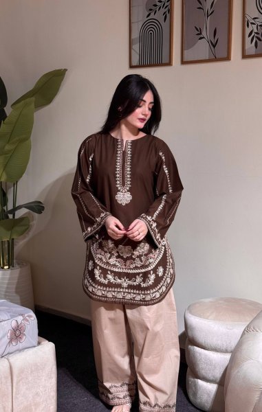Dynamic Brown Roman Silk Farshi Suits Set With Palazzo At Direct Exporter Price Ready To Wear Collection