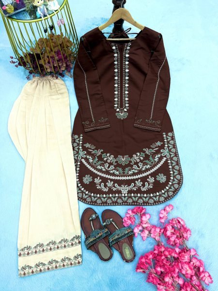 Dynamic Brown Roman Silk Farshi Suits Set With Palazzo At Direct Exporter Price Ready To Wear Collection