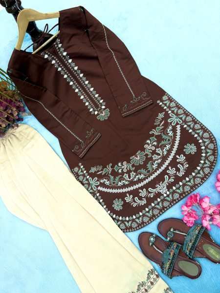 Dynamic Brown Roman Silk Farshi Suits Set With Palazzo At Direct Exporter Price Ready To Wear Collection