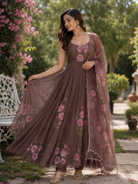 Dynamic Coffee Huge Flair Georgette Anarkali Suit also Matching Dupatta with kodi lace for Festive Celebrations Ready To Wear Collection