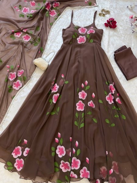 Dynamic Coffee Huge Flair Georgette Anarkali Suit also Matching Dupatta with kodi lace for Festive Celebrations Ready To Wear Collection