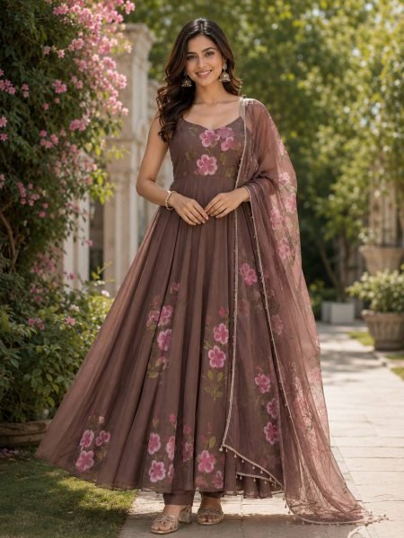 Dynamic Coffee Huge Flair Georgette Anarkali Suit also Matching Dupatta with kodi lace for Festive Celebrations Ready To Wear Collection