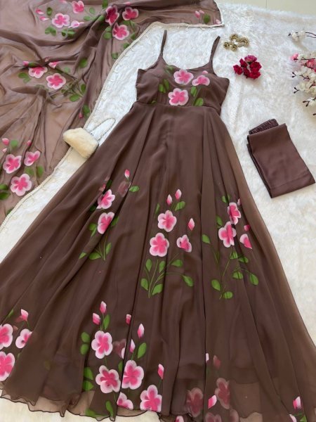 Dynamic Coffee Huge Flair Georgette Anarkali Suit also Matching Dupatta with kodi lace for Festive Celebrations Ready To Wear Collection
