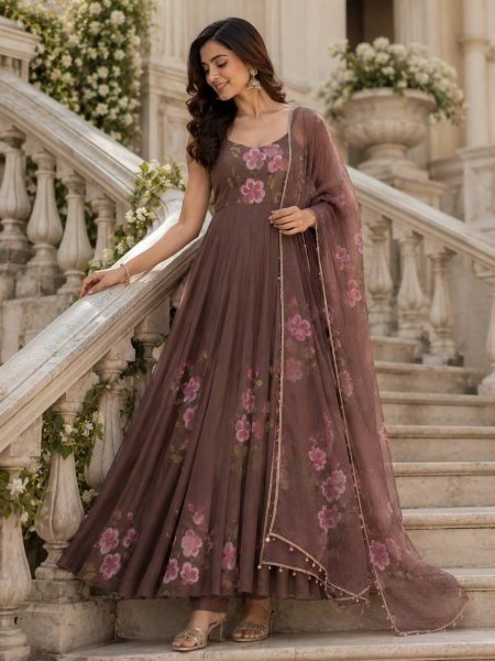 Dynamic Coffee Huge Flair Georgette Anarkali Suit also Matching Dupatta with kodi lace for Festive Celebrations Ready To Wear Collection