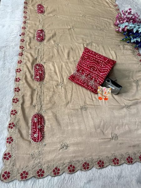 Dynamic Cream Chinon Saree with Zari Sequins Embroidery and Bandhani Print 