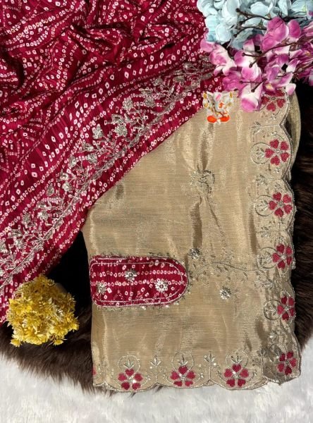 Dynamic Cream Chinon Saree with Zari Sequins Embroidery and Bandhani Print Embroidery Sarees Wholesale