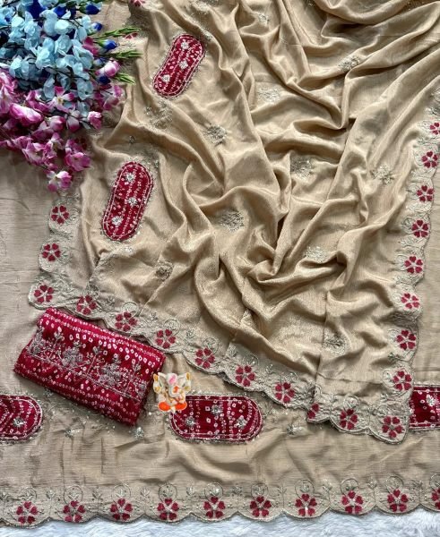 Dynamic Cream Chinon Saree with Zari Sequins Embroidery and Bandhani Print Embroidery Sarees Wholesale
