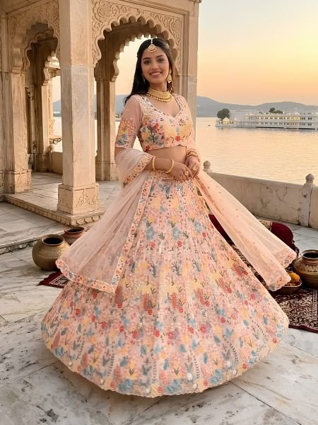 Dynamic Cream Designer Butterfly Net Lehenga with Embroidered Front and Back Blouse 