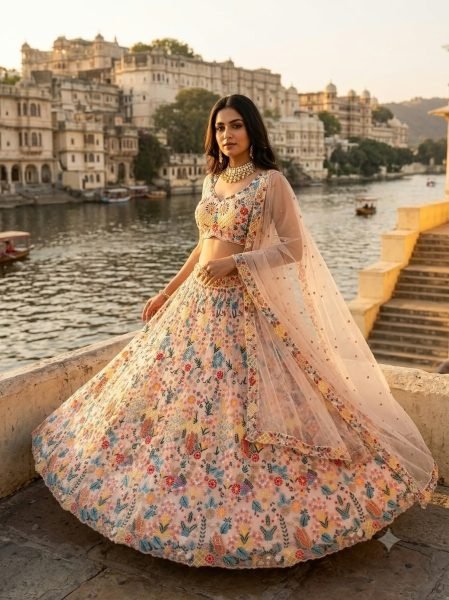 Dynamic Cream Designer Butterfly Net Lehenga with Embroidered Front and Back Blouse Designer Lehenga Choli