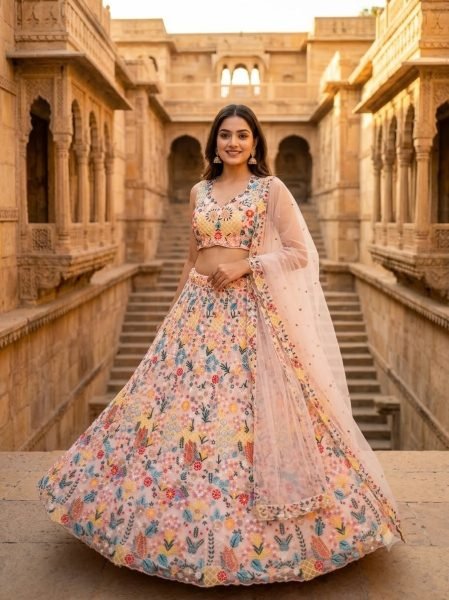 Dynamic Cream Designer Butterfly Net Lehenga with Embroidered Front and Back Blouse Designer Lehenga Choli