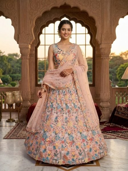 Dynamic Cream Designer Butterfly Net Lehenga with Embroidered Front and Back Blouse Designer Lehenga Choli