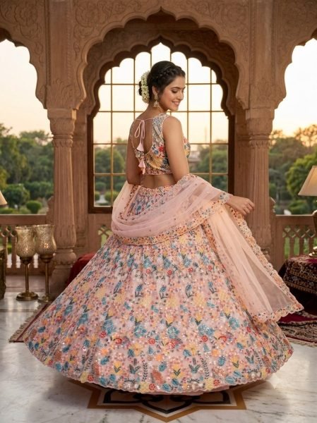 Dynamic Cream Designer Butterfly Net Lehenga with Embroidered Front and Back Blouse Designer Lehenga Choli