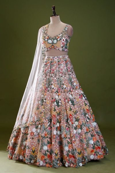 Dynamic Cream Designer Butterfly Net Lehenga with Embroidered Front and Back Blouse Designer Lehenga Choli