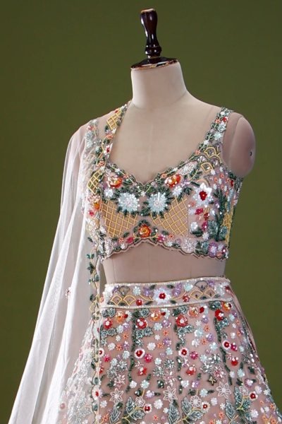 Dynamic Cream Designer Butterfly Net Lehenga with Embroidered Front and Back Blouse Designer Lehenga Choli