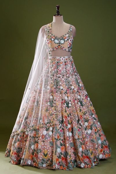 Dynamic Cream Designer Butterfly Net Lehenga with Embroidered Front and Back Blouse Designer Lehenga Choli