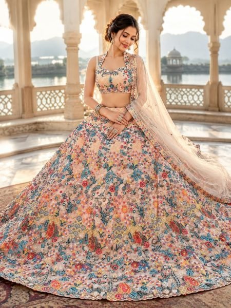 Dynamic Cream Designer Butterfly Net Lehenga with Embroidered Front and Back Blouse Designer Lehenga Choli