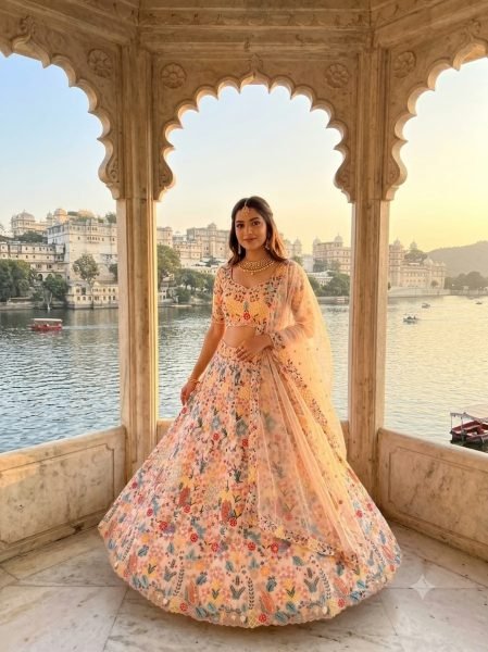 Dynamic Cream Designer Butterfly Net Lehenga with Embroidered Front and Back Blouse Designer Lehenga Choli