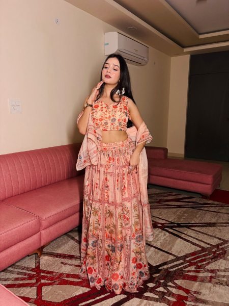 Dynamic Cream Pure Organza Floral Lehenga Set with Digital Print and Fully Stitched Blouse 