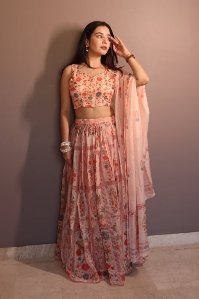 Dynamic Cream Pure Organza Floral Lehenga Set with Digital Print and Fully Stitched Blouse Designer Lehenga Choli