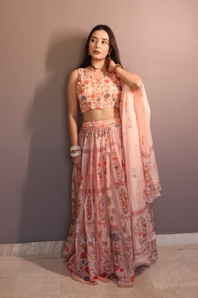 Dynamic Cream Pure Organza Floral Lehenga Set with Digital Print and Fully Stitched Blouse Designer Lehenga Choli