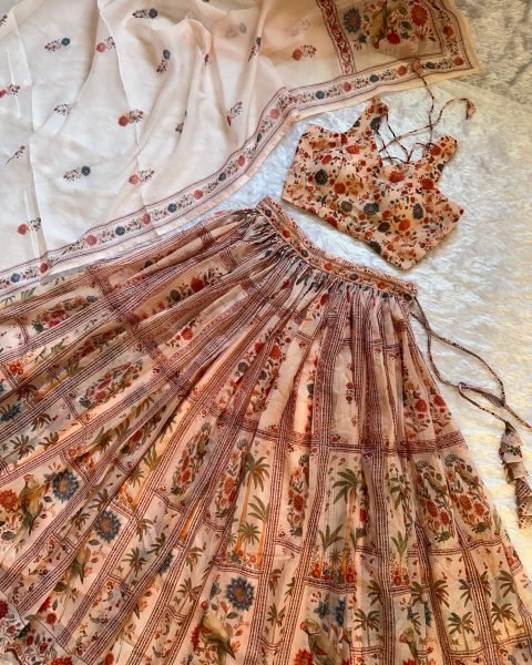Dynamic Cream Pure Organza Floral Lehenga Set with Digital Print and Fully Stitched Blouse Designer Lehenga Choli
