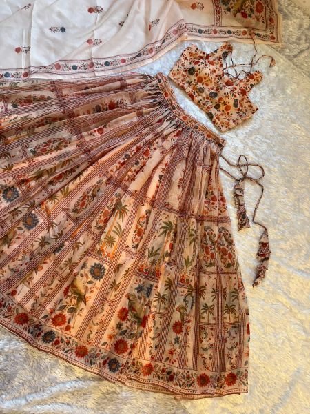 Dynamic Cream Pure Organza Floral Lehenga Set with Digital Print and Fully Stitched Blouse Designer Lehenga Choli